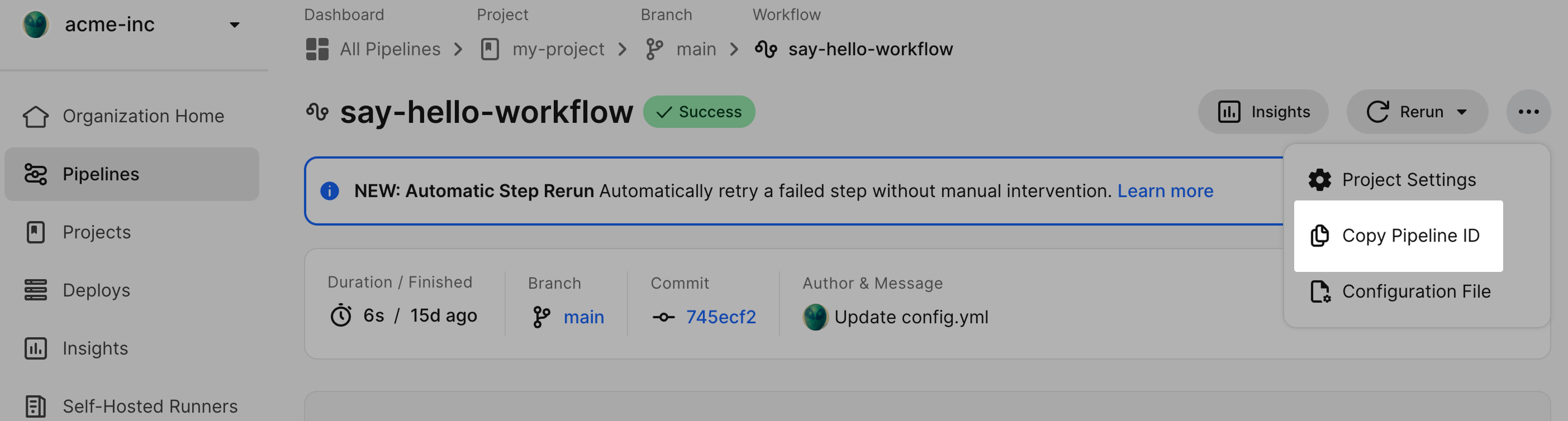 Copy pipeline ID from workflow page