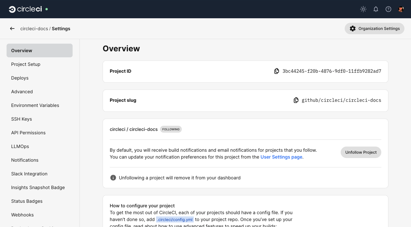 Screenshot showing where to find the project slug