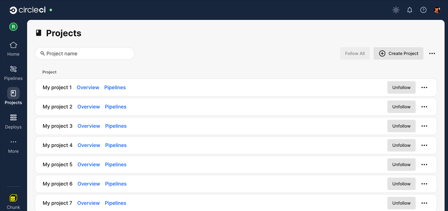 Projects dashboard for a circleci organization