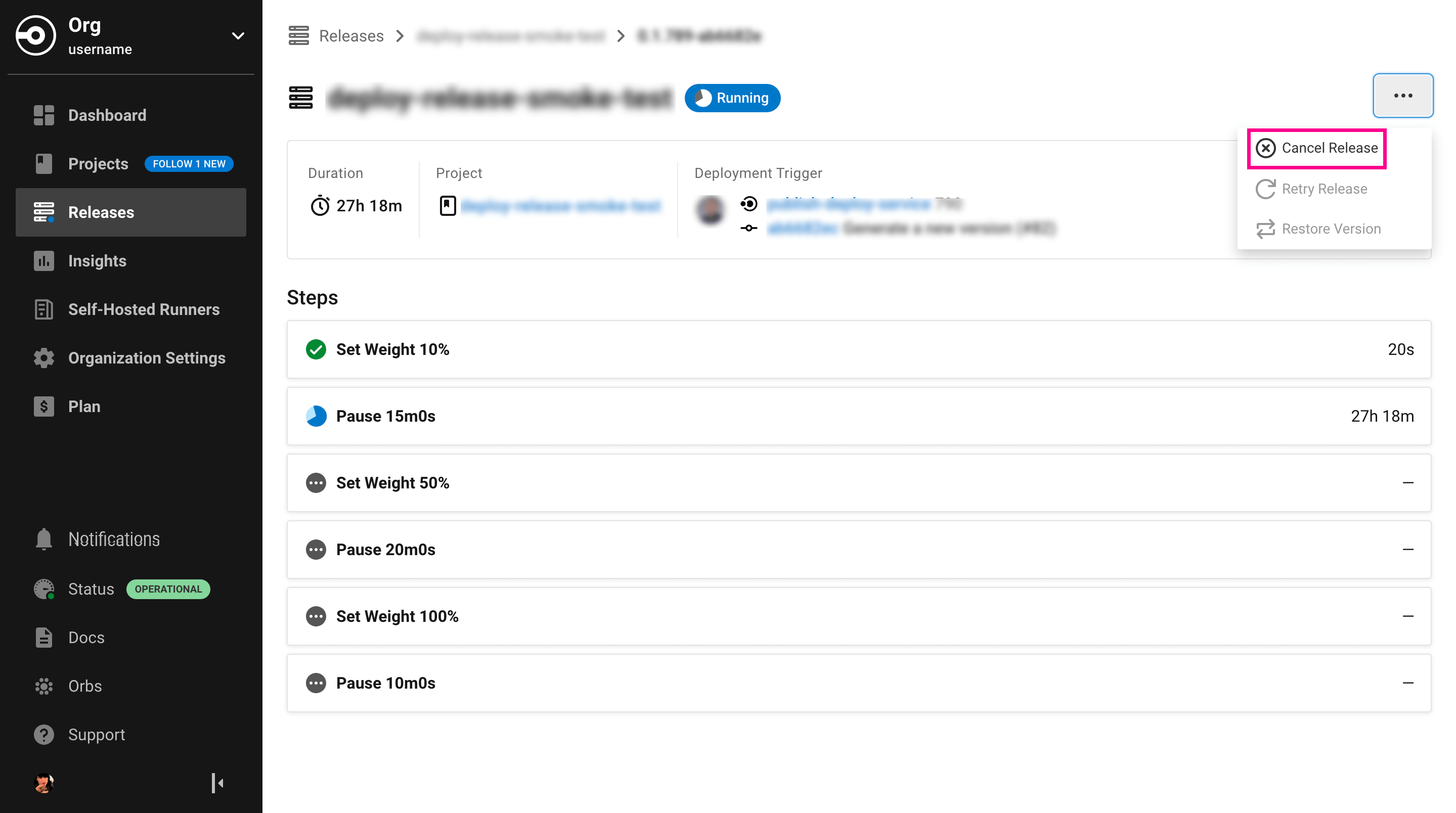 Screenshot showing the cancel deployment button