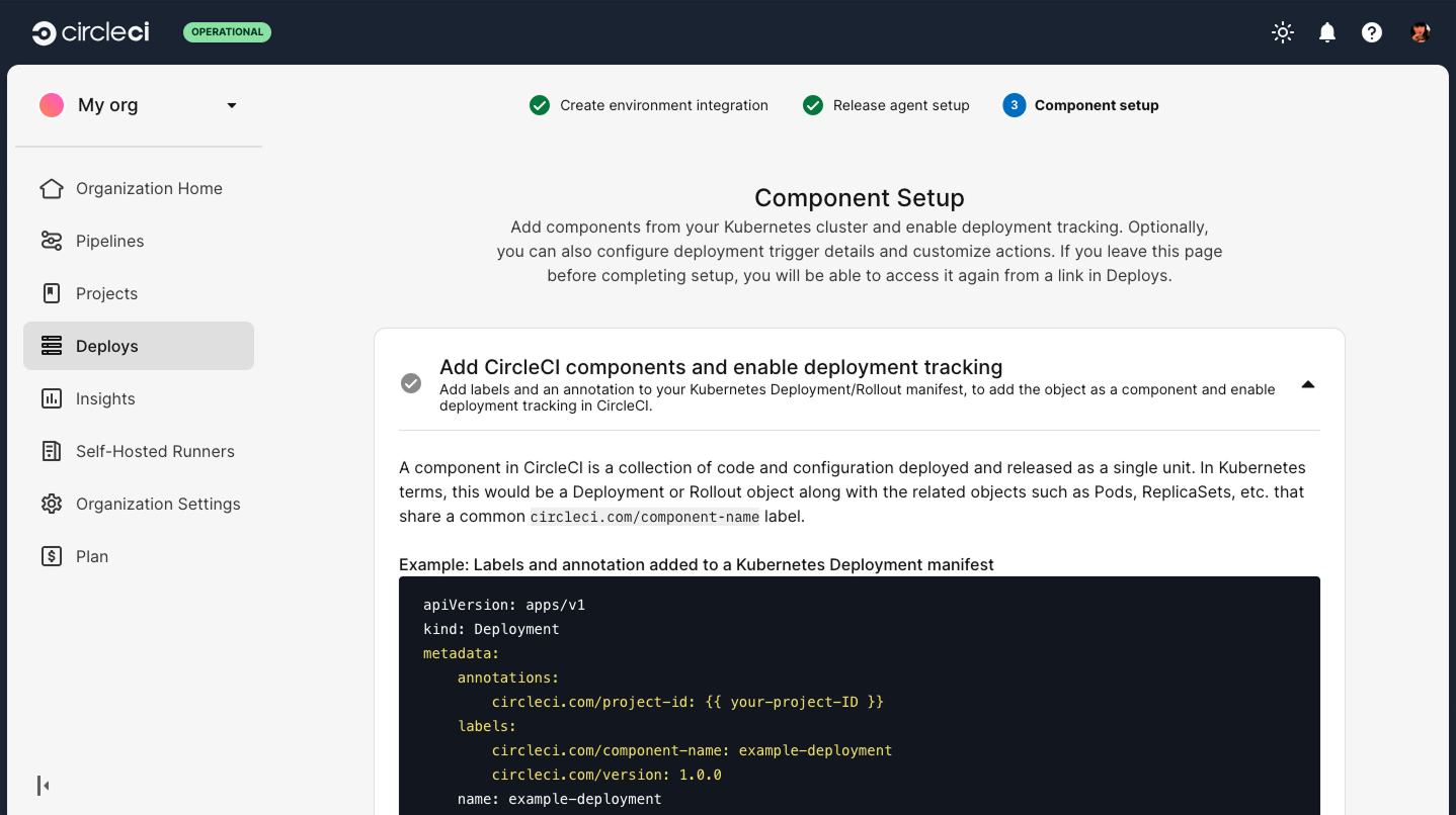 Screenshot showing the component setup page