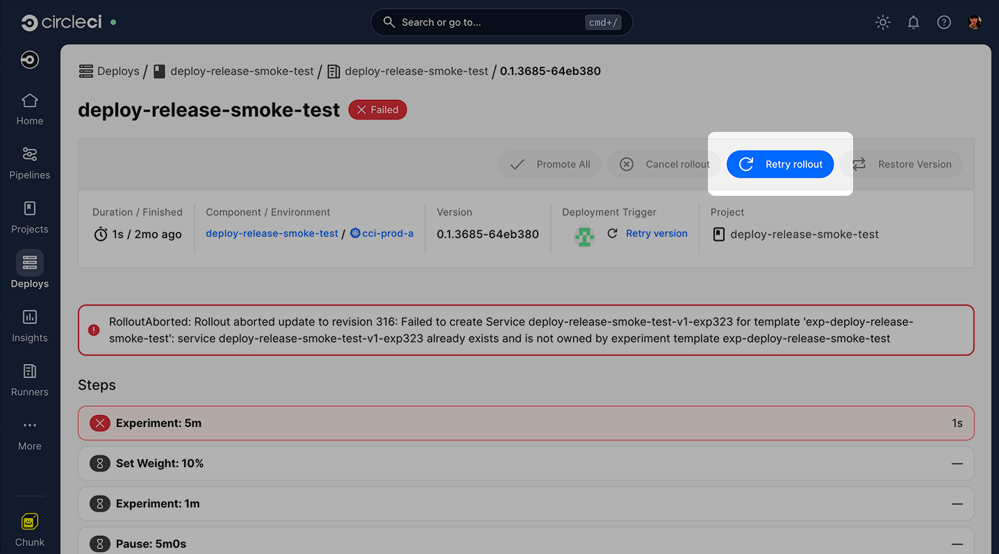 Screenshot showing the retry rollout button