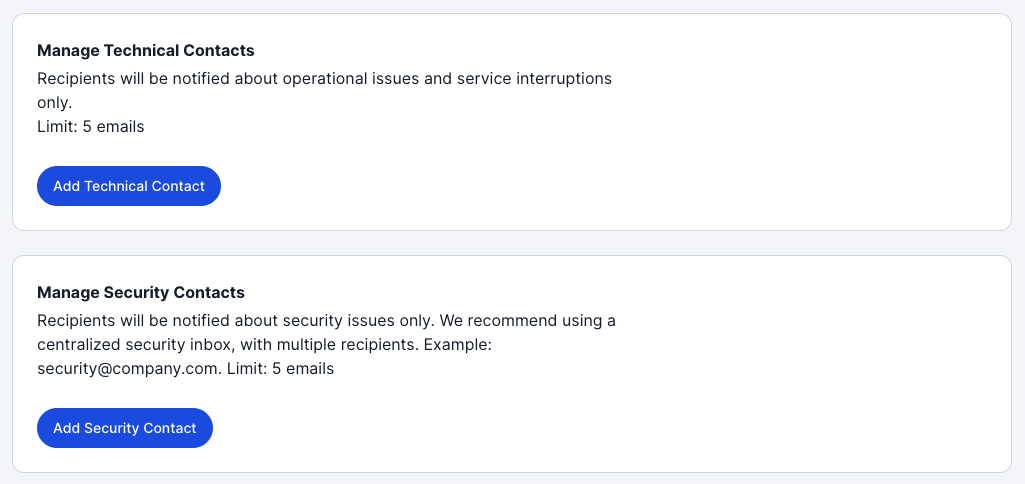 Screenshot showing how to set up organization-level contacts