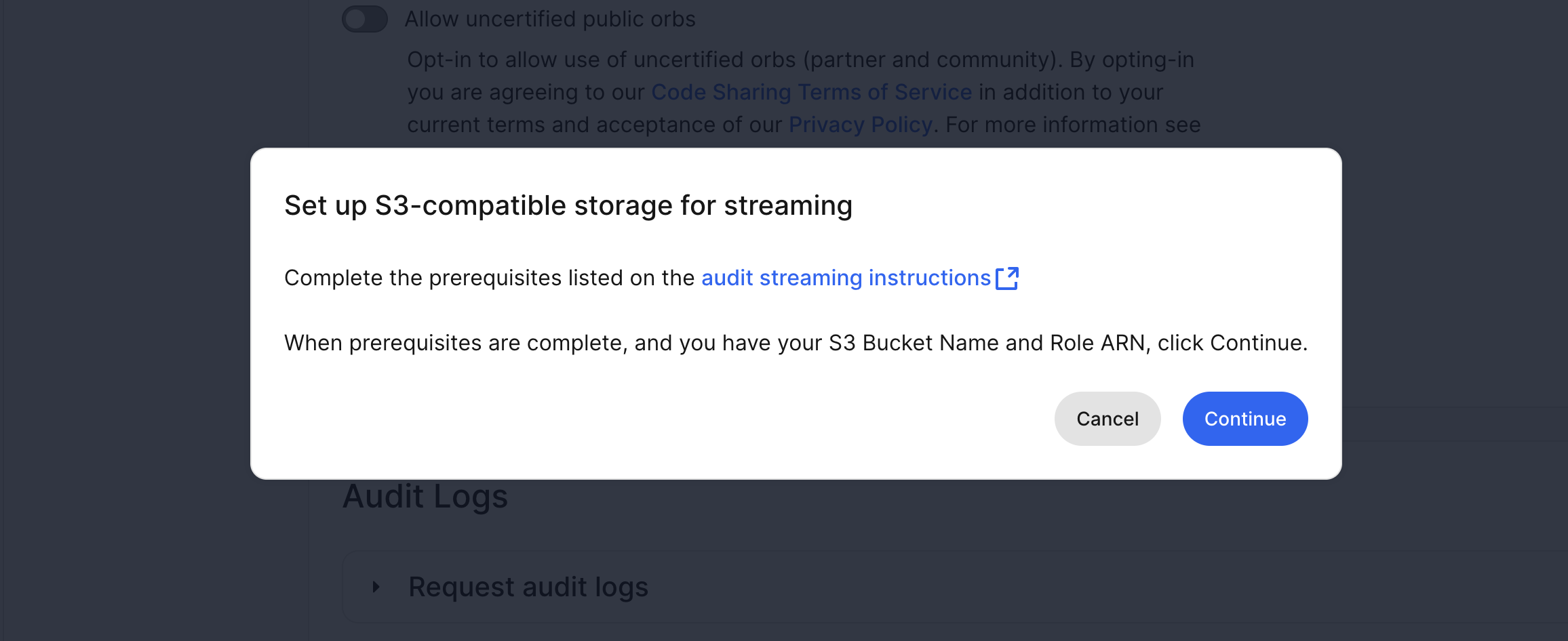 Set up S3-compatible storage for streaming