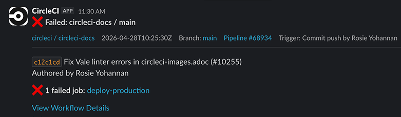 Screenshot of the CircleCI slack integration notification for a failed workflow