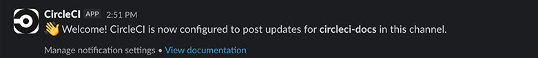 Screenshot of the CircleCI slack integration welcome message