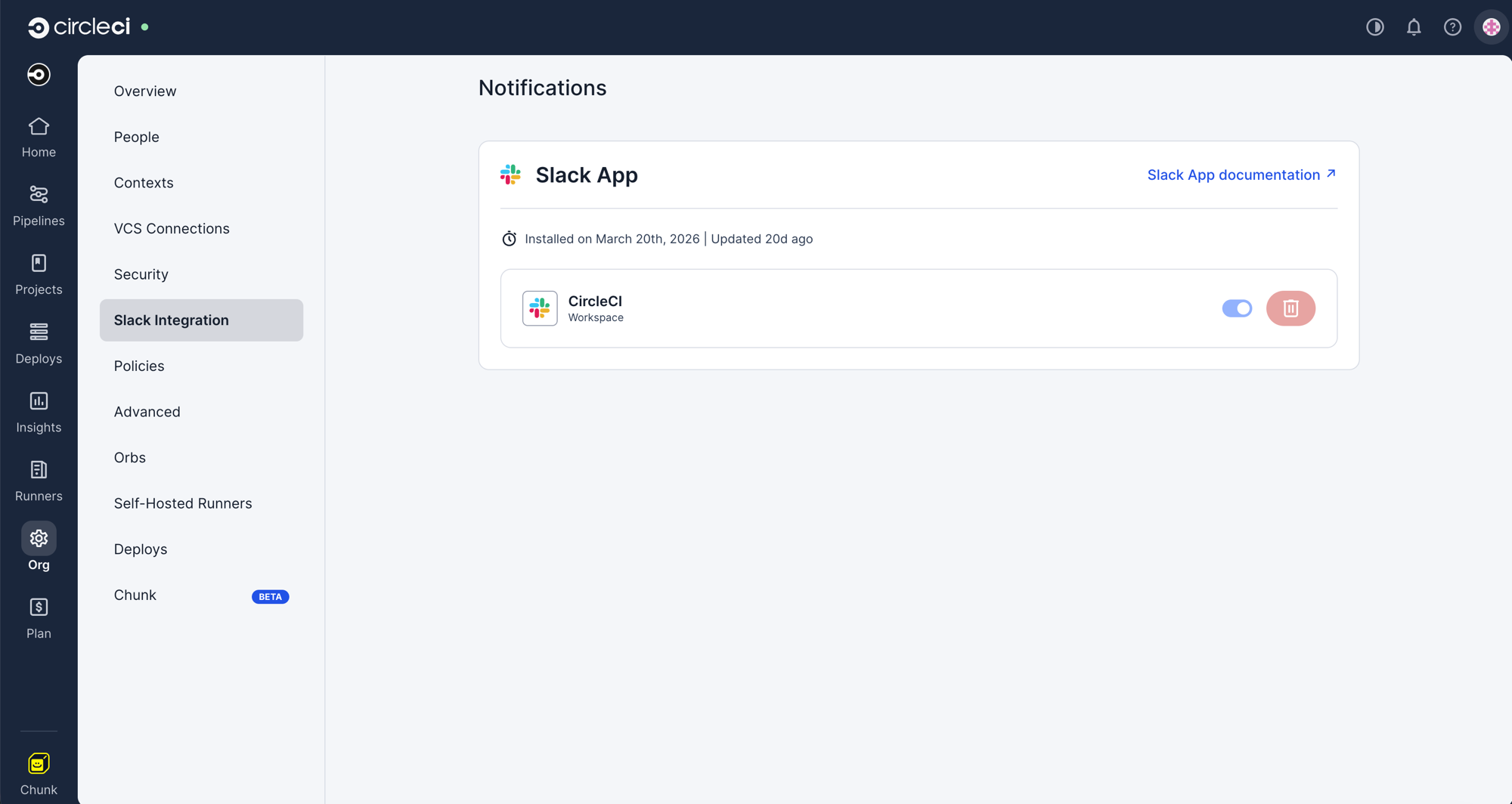 Screenshot of the Notifications page in Organization Settings with Slack Integration selected. Shows the Slack App section with a connected CircleCI workspace