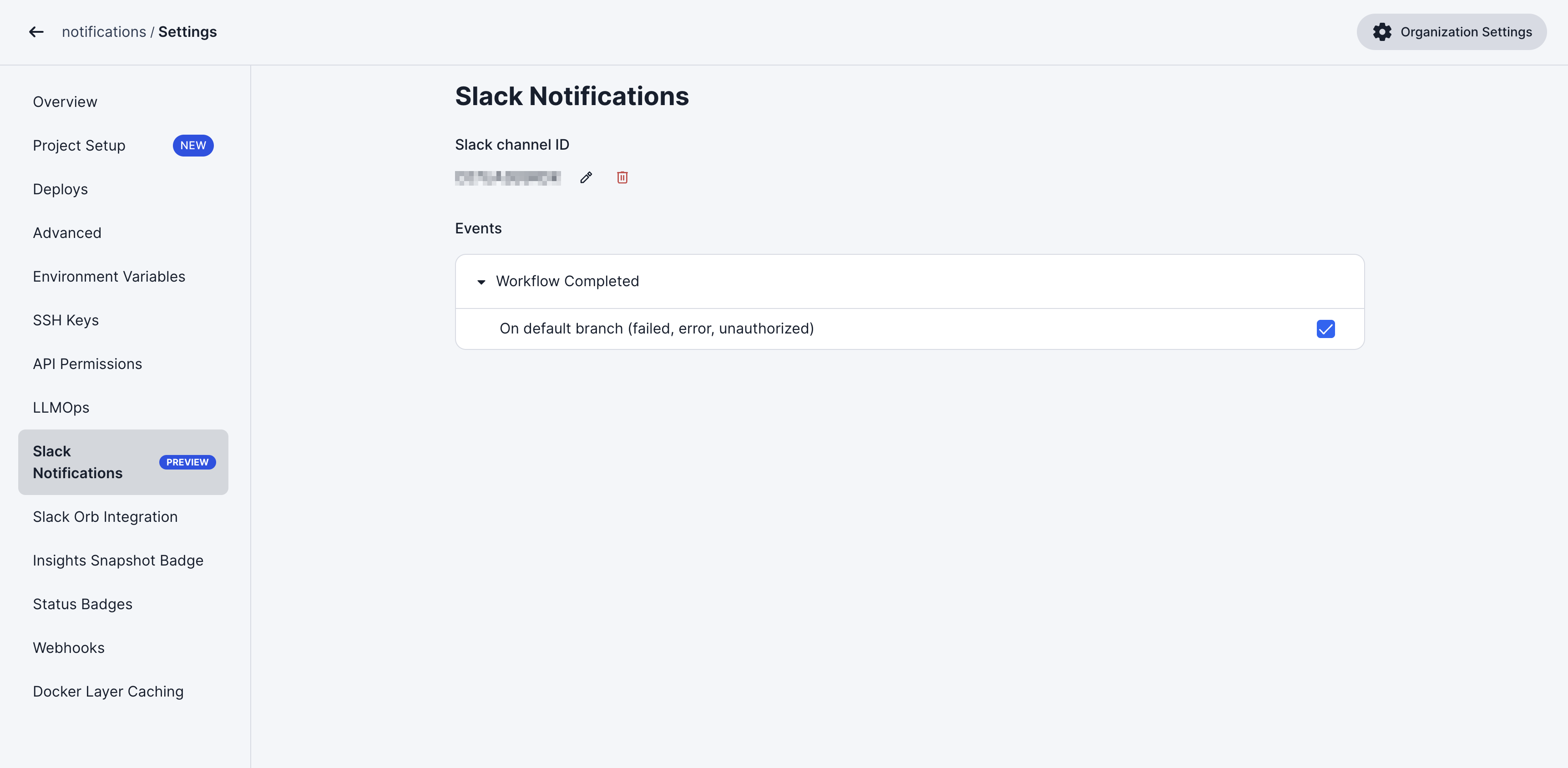 Screenshot of Project Settings showing the Slack Notifications page. A Slack channel ID is shown with edit and delete icons. Below
