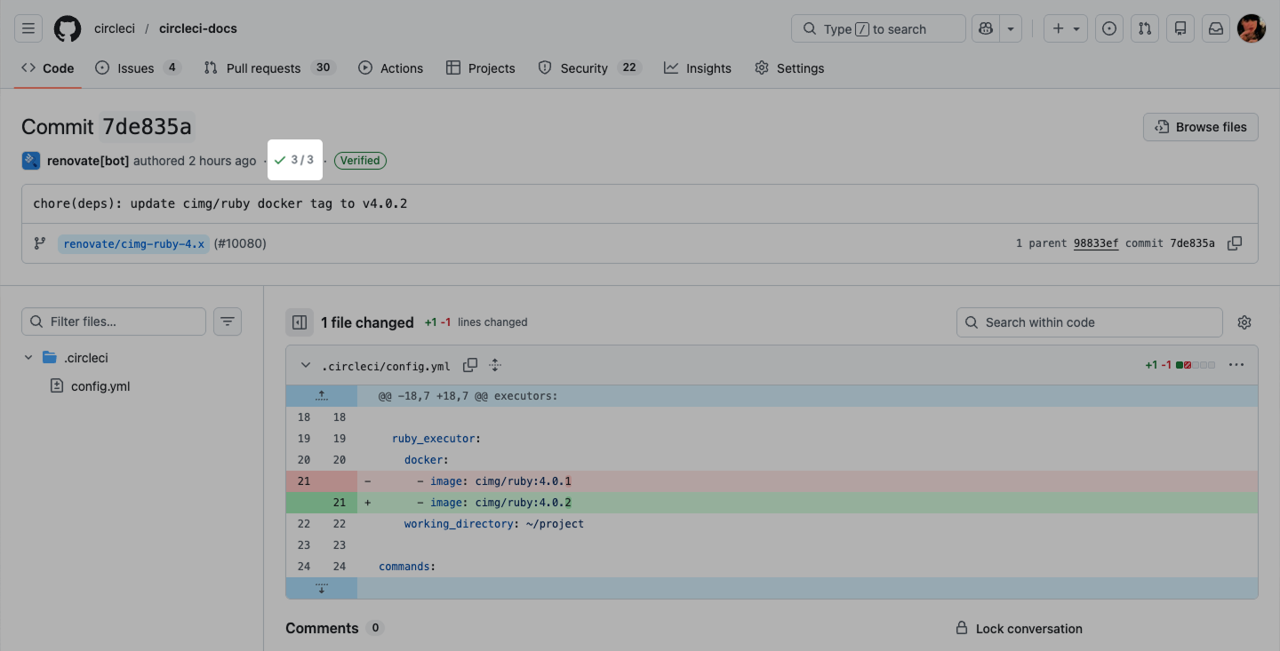 Status update for a commit in GitHub