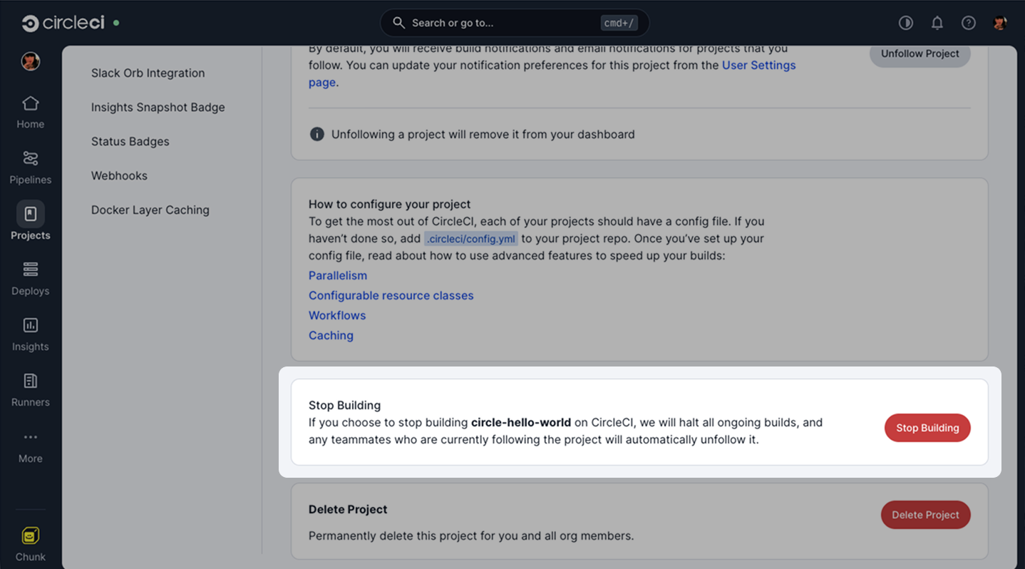 Stop building button in Project settings > Overview