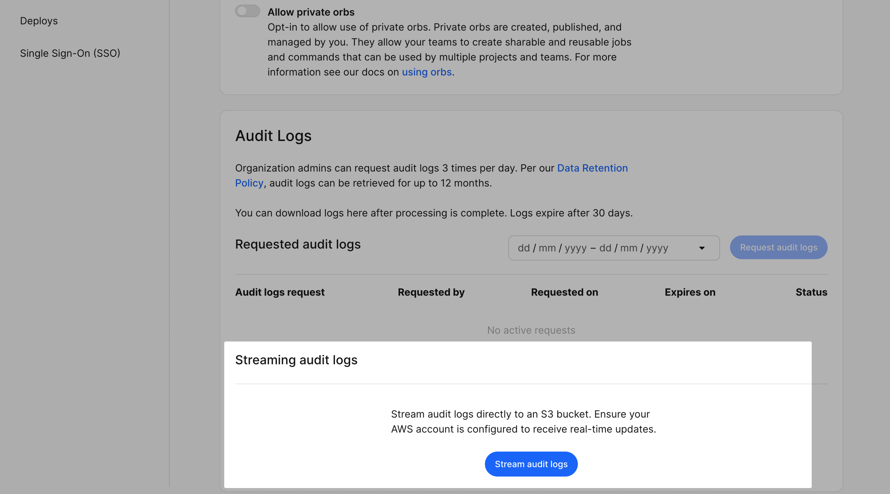 Stream audit logs section