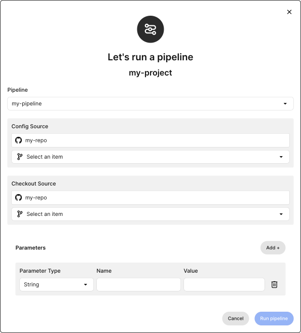 Trigger a pipeline modal in the CircleCI web app