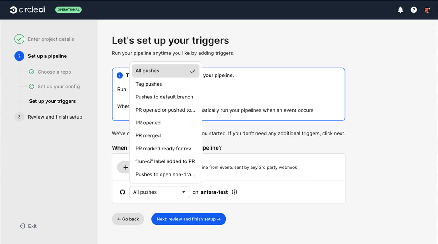 Create a project trigger and access trigger options