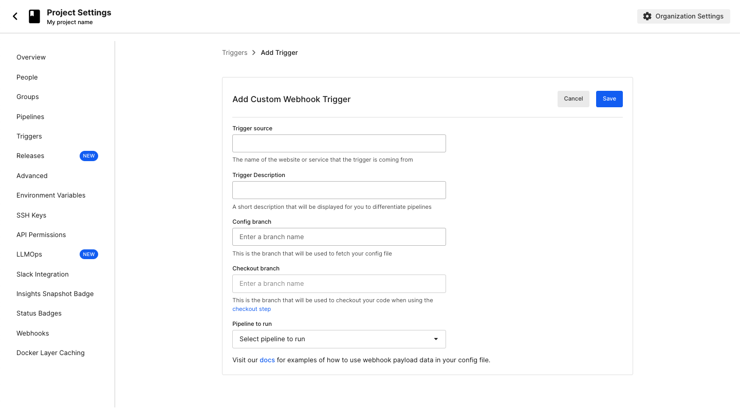 screenshot showing adding a custom webhook trigger
