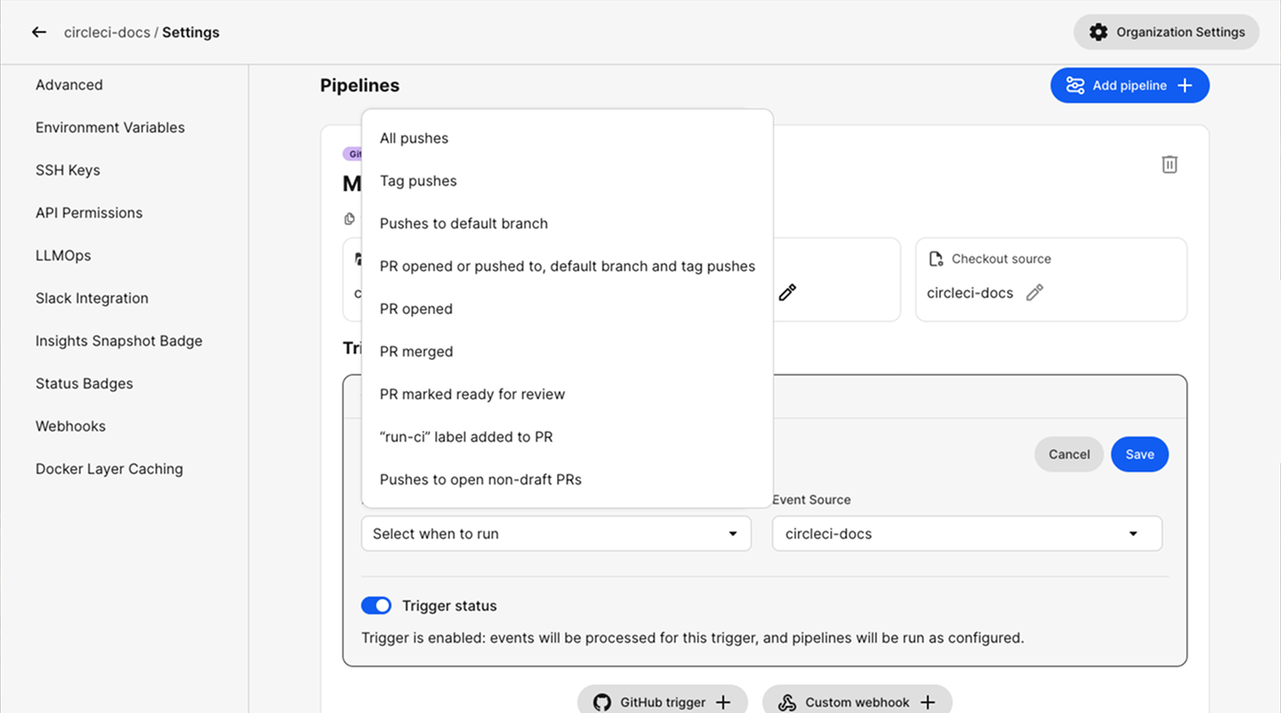 Set a trigger option for a project trigger