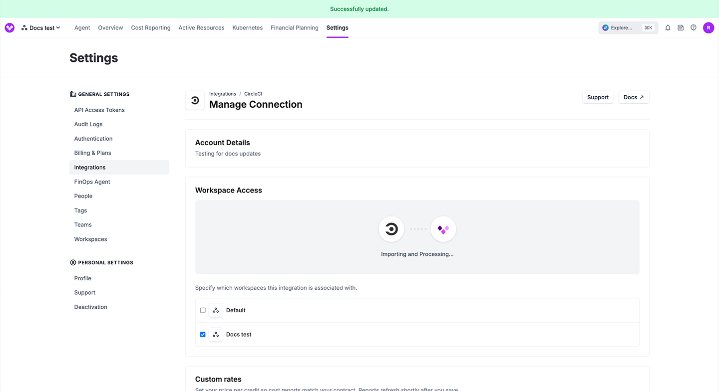 screenshot showing the Vantage CircleCI integration settings