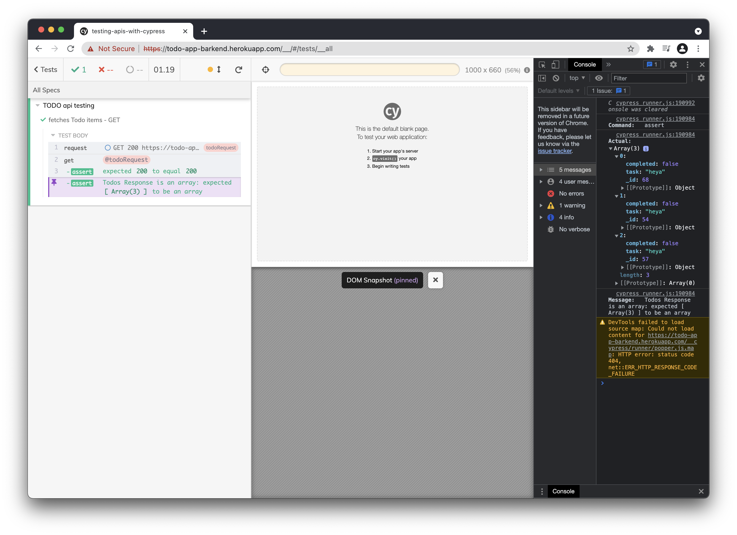 テスト実行中の Cypress ダッシュボード