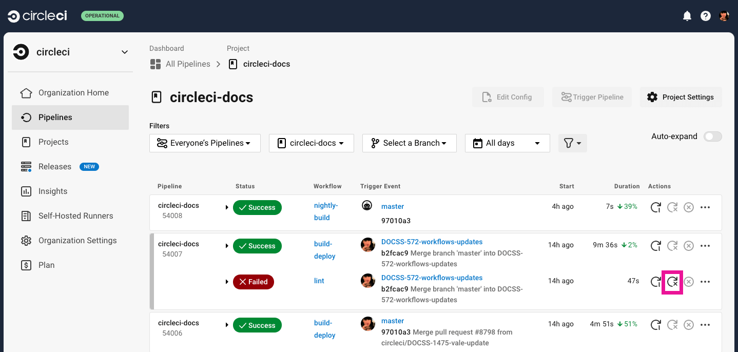 Rerun a workflow from failed from the pipelines page